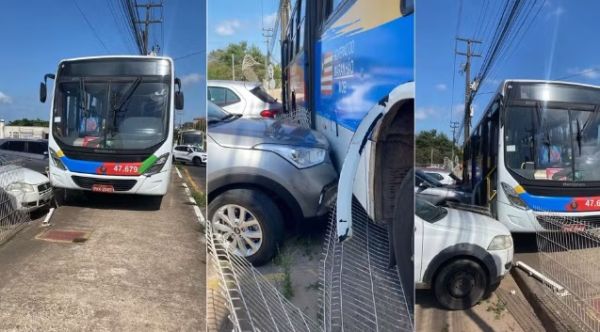 Ônibus colide contra cinco veículos parados em estacionamento de condomínio em São Luís