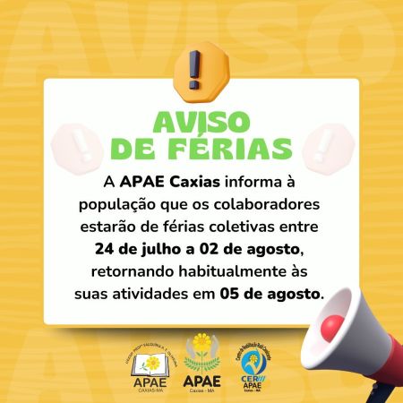 Aviso de férias coletivas na APAE Caxias
