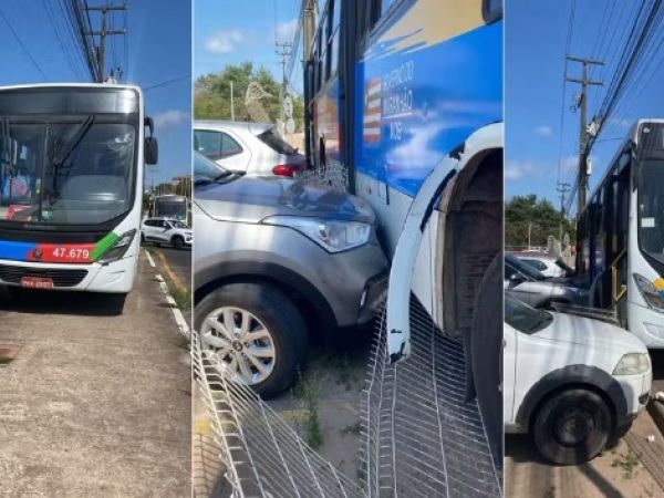 Ônibus colide contra cinco veículos parados em estacionamento de condomínio em São Luís